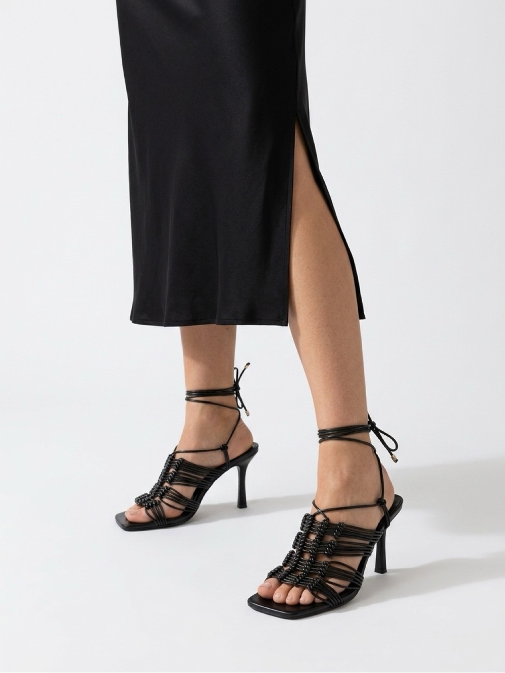 Zara Black Strappy Heeled Sandals with Ankle Wrap